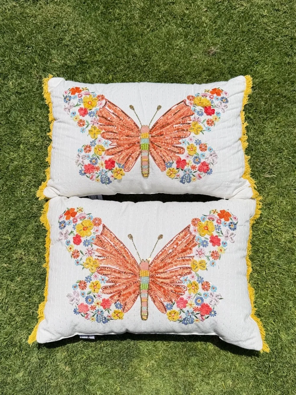 Sonoma Beaded Butterfly Embroidered Accent Pillow Set Colorful Fringe 14x20 GUC